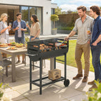 Charcoal Barbecue Grill with 2 Cooking Areas, Portable BBQ Trolley with Wheels, Height Adjustable Grates, Bottom Shelf
