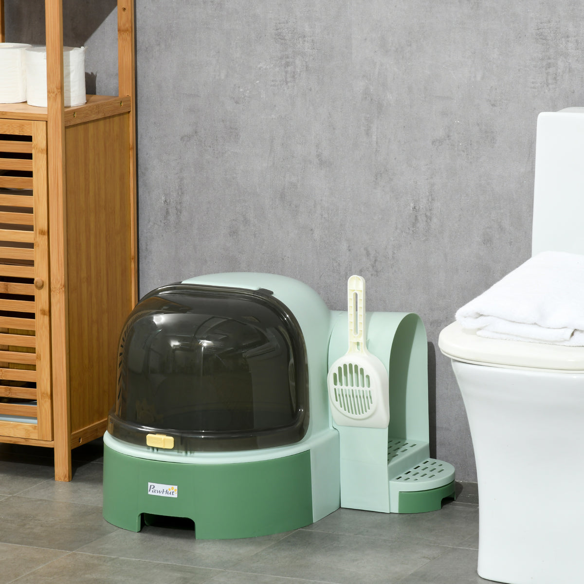 2 in 1 Cat Litter Box, with Drawer Pans, Scoop, Openable Cover - Green