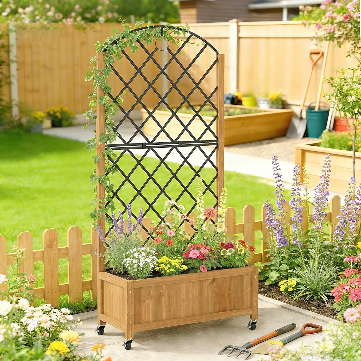 Hochbeet mit Metallgitter, Holz-Pflanzkasten mit Rädern, Outdoor-Pflanzkasten, Braun
