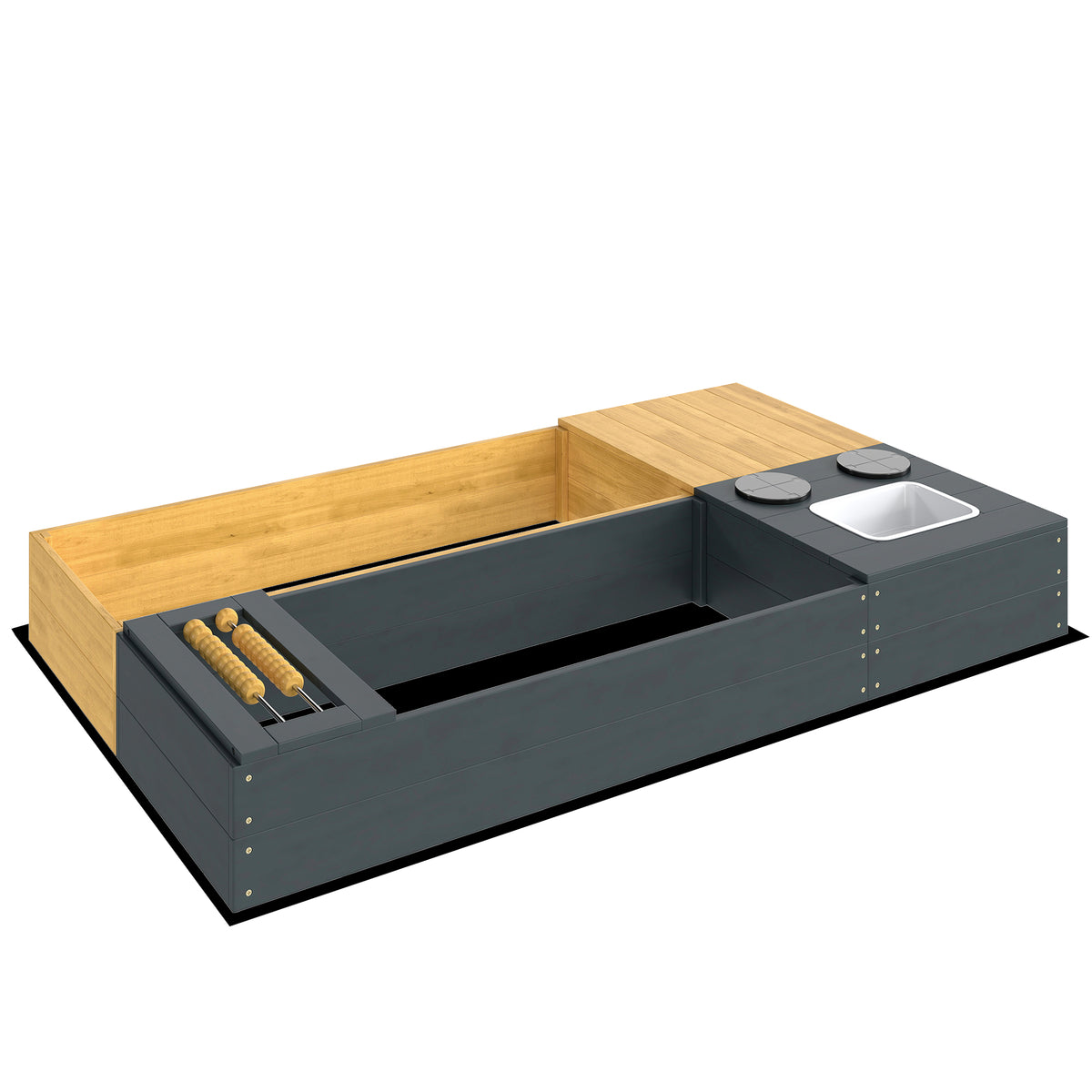 Sandkasten 2-teilig 150x90cm Holz Sandkiste mit Sitzbank Stauraum Herd herausnehmbarem Waschbecken Abakusperlen Gelb