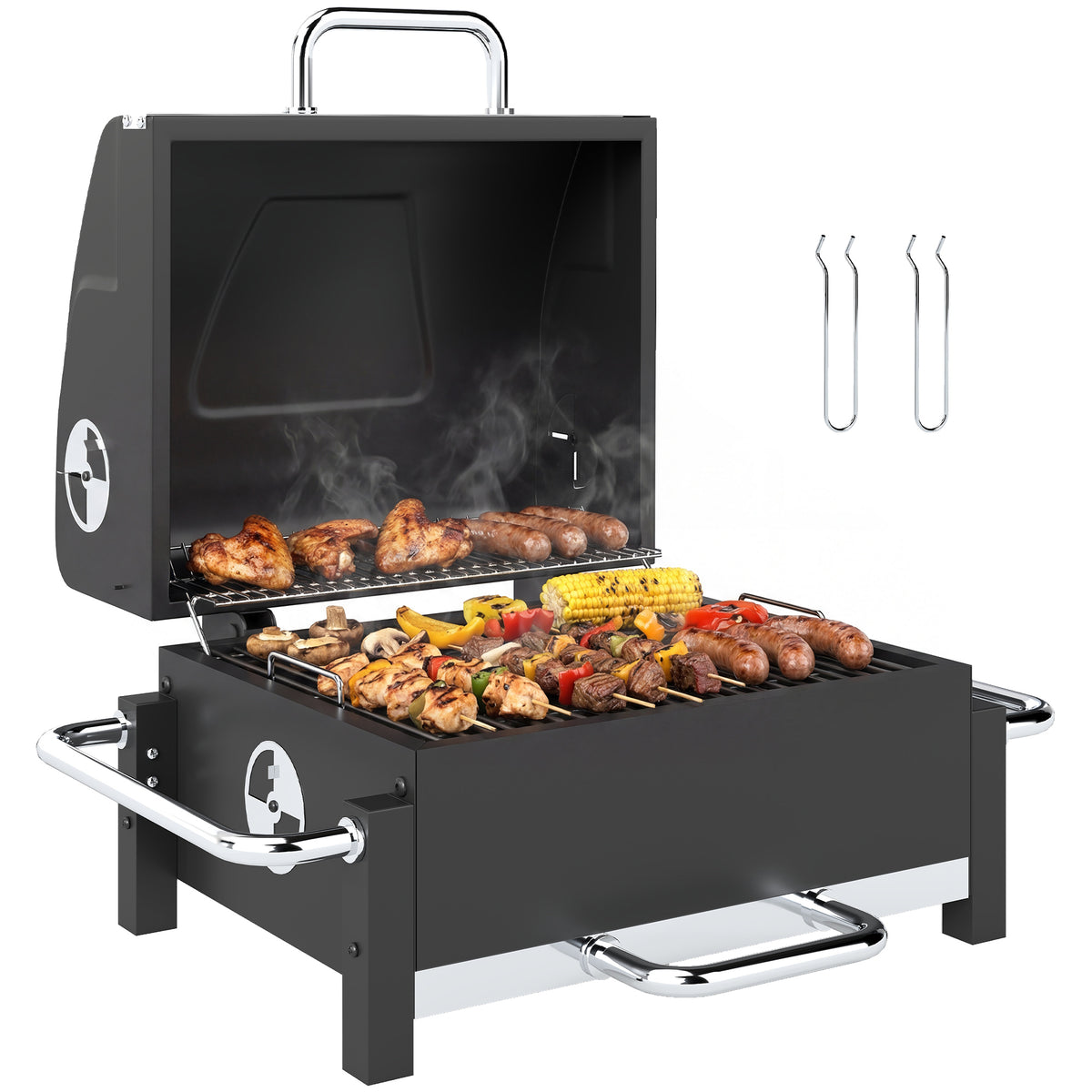 Holzkohlegrill aus Stahl tragbarer BBQ Smoker mit Deckel verstellbare Lüftung zweistufige Kohlepfanne Thermometer