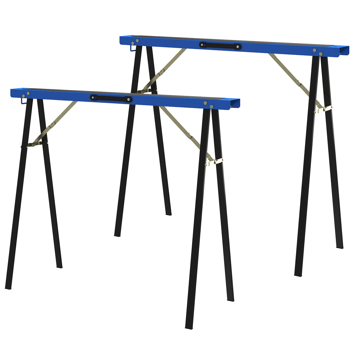 Set aus 2 robusten, klappbaren Sägeböcken aus Metall für Schreinerarbeiten und DIY-Projekte, Blau und Schwarz
