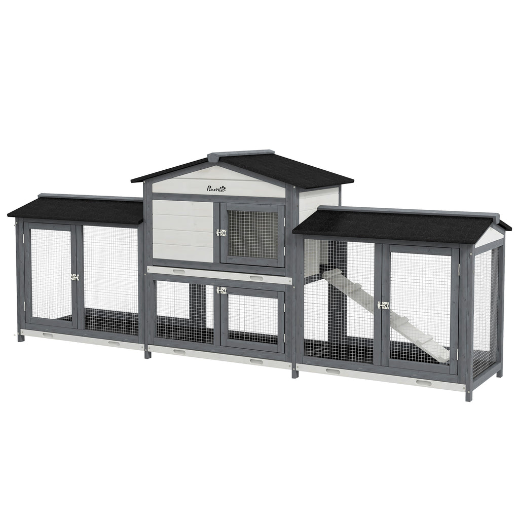 2-Tier Large Rabbit Hutch Outdoor with Double Side Run Boxes, No-leak Plastic Tray, Ramp, 230 x 53 x 93.5cm, Light Grey