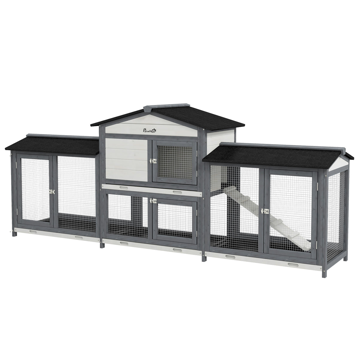 2-Tier Large Rabbit Hutch Outdoor with Double Side Run Boxes, No-leak Plastic Tray, Ramp, 230 x 53 x 93.5cm, Light Grey