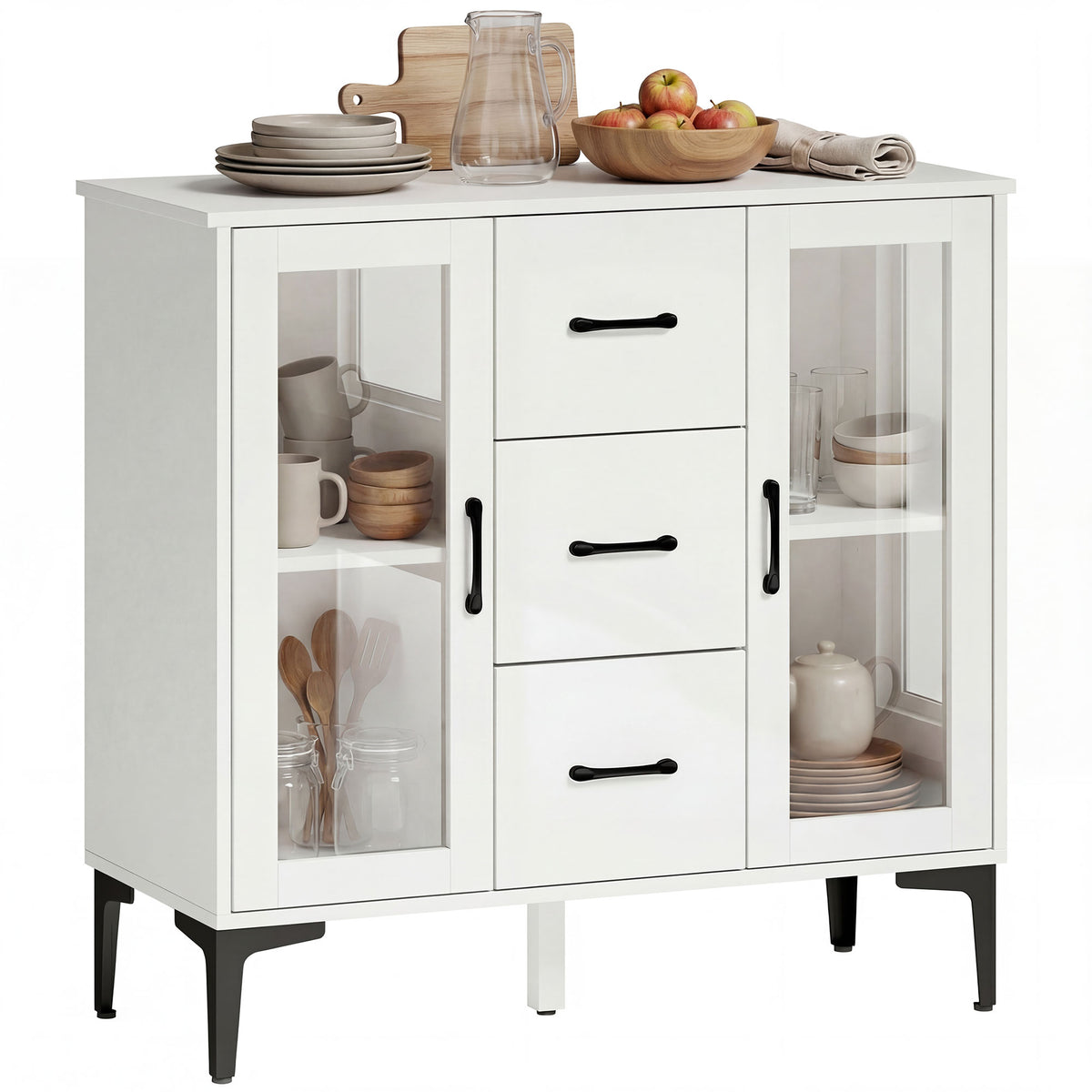 Modernes Sideboard mit Soft-Close-Türen, Buffetschrank mit 3 Schubladen, 2 Glastüren, verstellbare Regale, MDF, Weiß