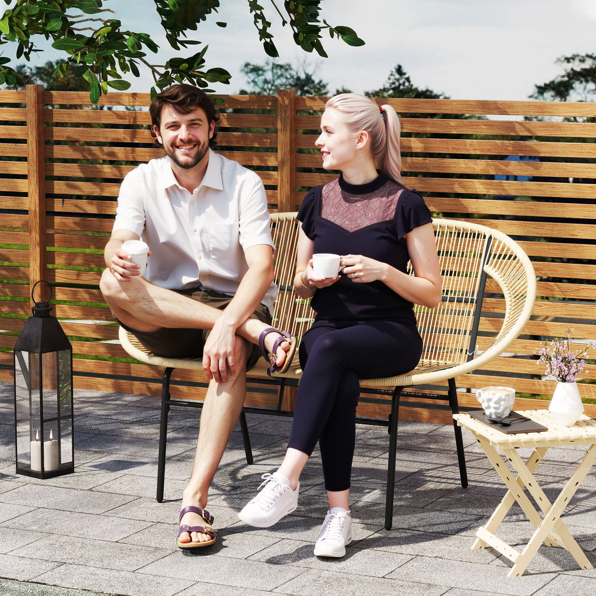 2-Sitzer Gartenbank Polyrattan, wetterfest Sitzbank im Rattanflecht-Design, UV-Beständig 260kg belast Khaki