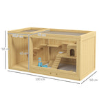 Wooden Hamster Cage with Water Bottle, Platforms, Openable Roof, Sliding Tray, Hut, Seesaws, Natural Wood Finish
