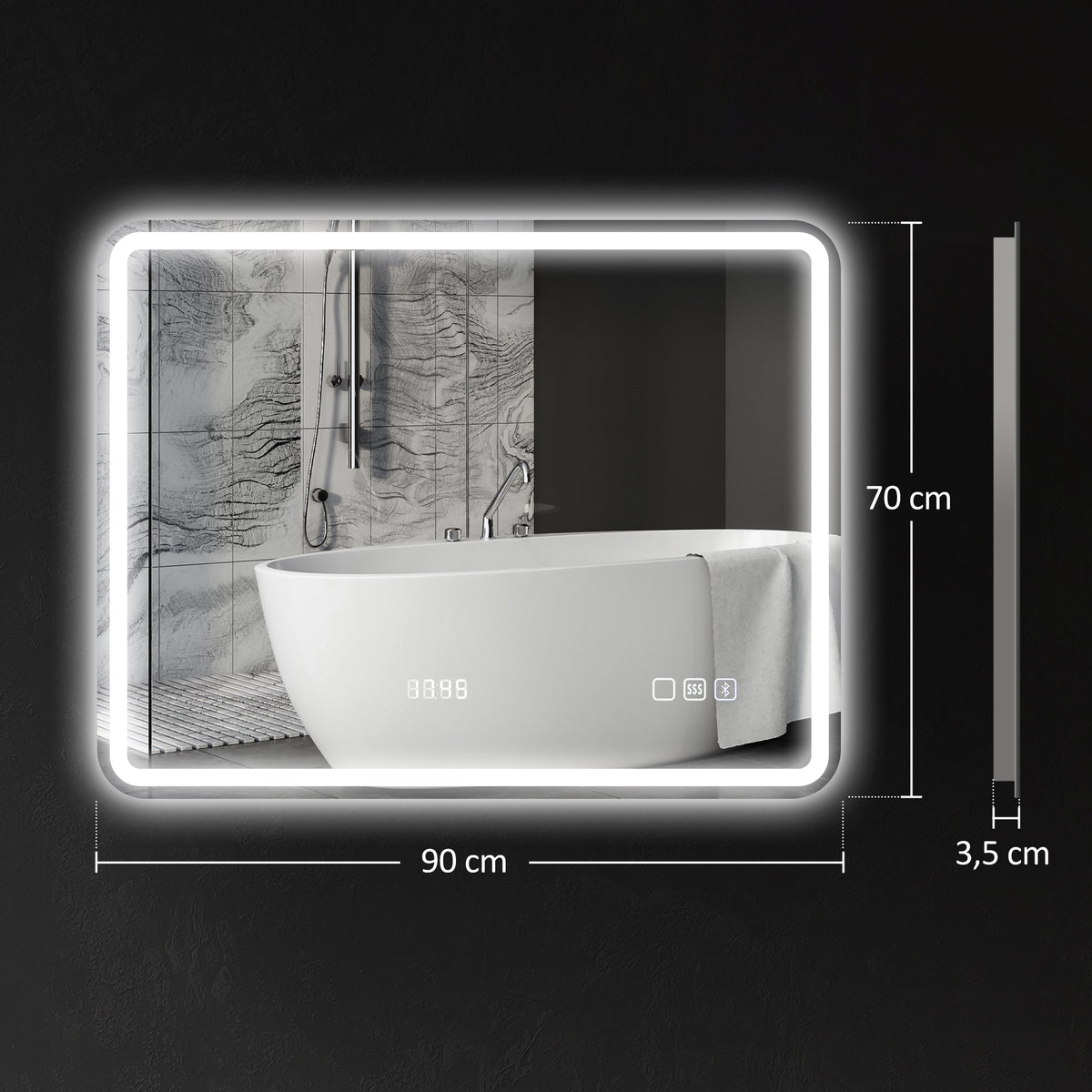 Badezimmerspiegel mit LED-Beleuchtung, Anti-Beschlags-Pad, 3 verstellbare Farben, Uhr, 700 x 900 mm, Silberfarben