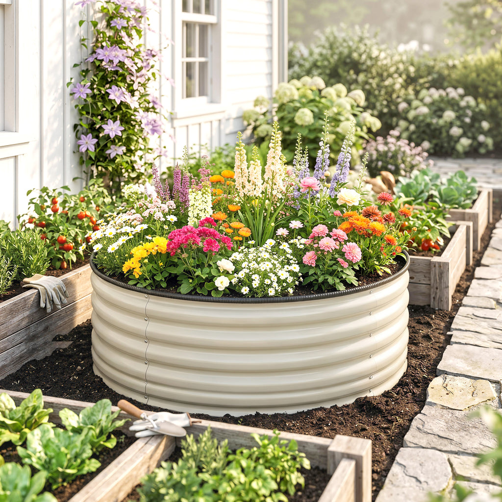 Galvanised Raised Garden Bed with Safety Edging, Outdoor Raised Planter Box with Gloves, 120 x 120 x 43cm, Cream White