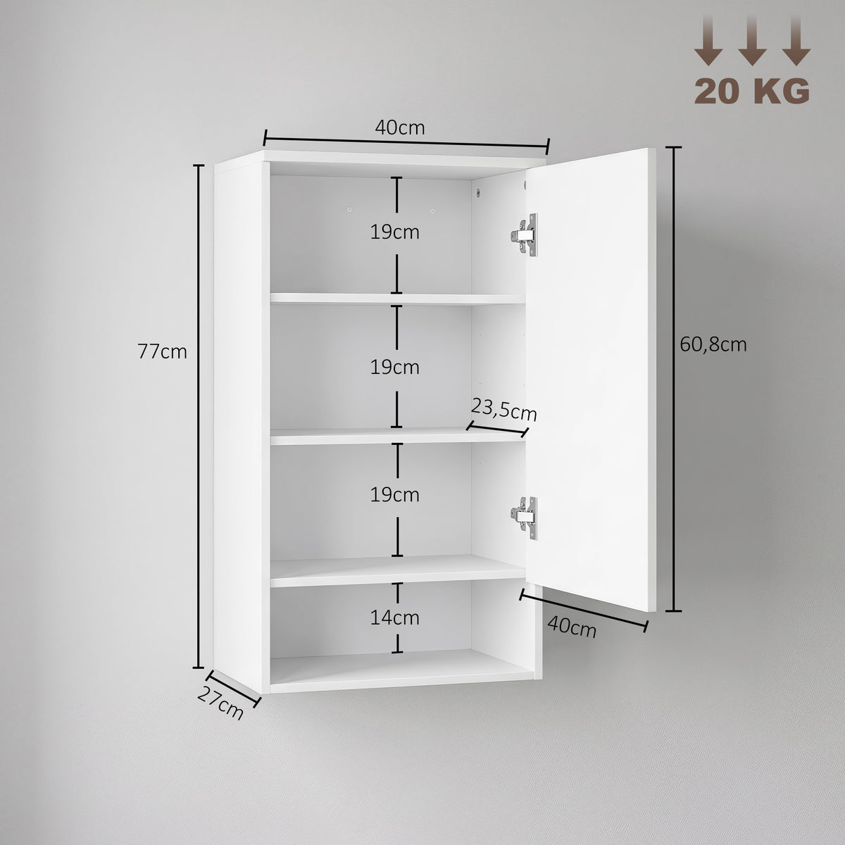 Badezimmerschrank Hängeschrank mit Tür, 40 x 27 x 77 cm Weiß