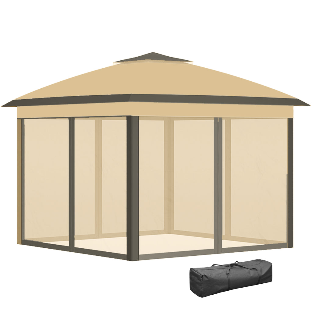 3.3 x 3.3m Pop Up Gazebo, Double Roof Foldable Canopy Tent with Zipped Mesh Sidewalls, Height Adjustable and Carrying Bag, Event Tent for Patio Garden, Beige
