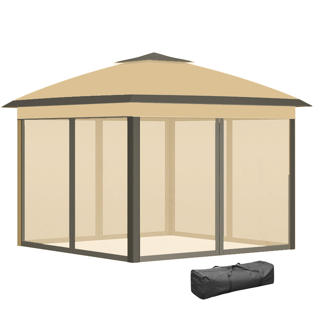 3.3 x 3.3m Pop Up Gazebo, Double Roof Foldable Canopy Tent with Zipped Mesh Sidewalls, Height Adjustable and Carrying Bag, Event Tent for Patio Garden, Beige