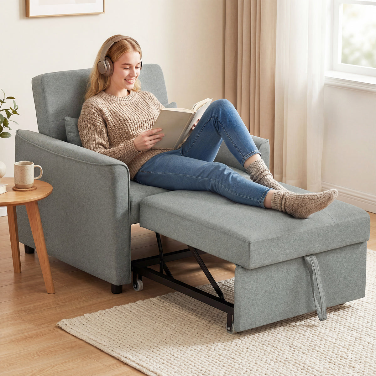 3-in-1 Schlafsessel, Ausziehbarer Sofa-Bett Sessel mit Verstellbarer Rückenlehne, Grau
