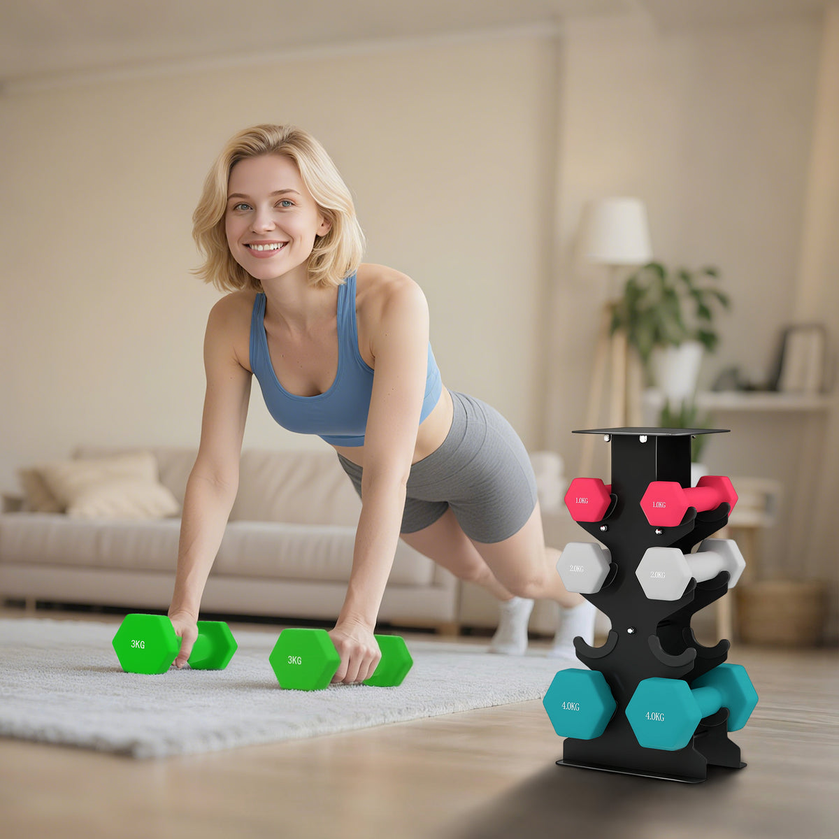 Hex Dumbbells Set with Dumbbell Rack, Hand Weights for Home Gym Strength Training, 2 x 1kg, 2 x 2kg, 2 x 3kg, 2 x 4kg
