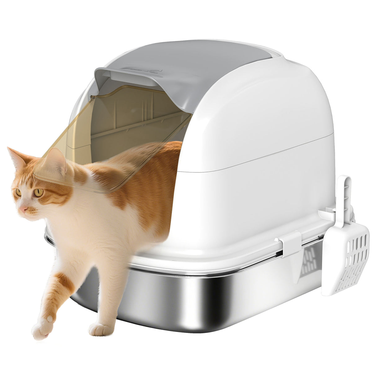 Stainless Steel Cat Litter Box with Lid, for Cats, Enclosed Cat Litter Box with Flip Cover, Scoop