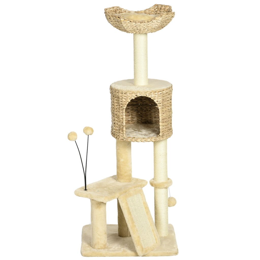 Kratzbaum mit Katzenhöhle, Liegeplattform, Spielball, 45x40x116cm, Braun/Beige