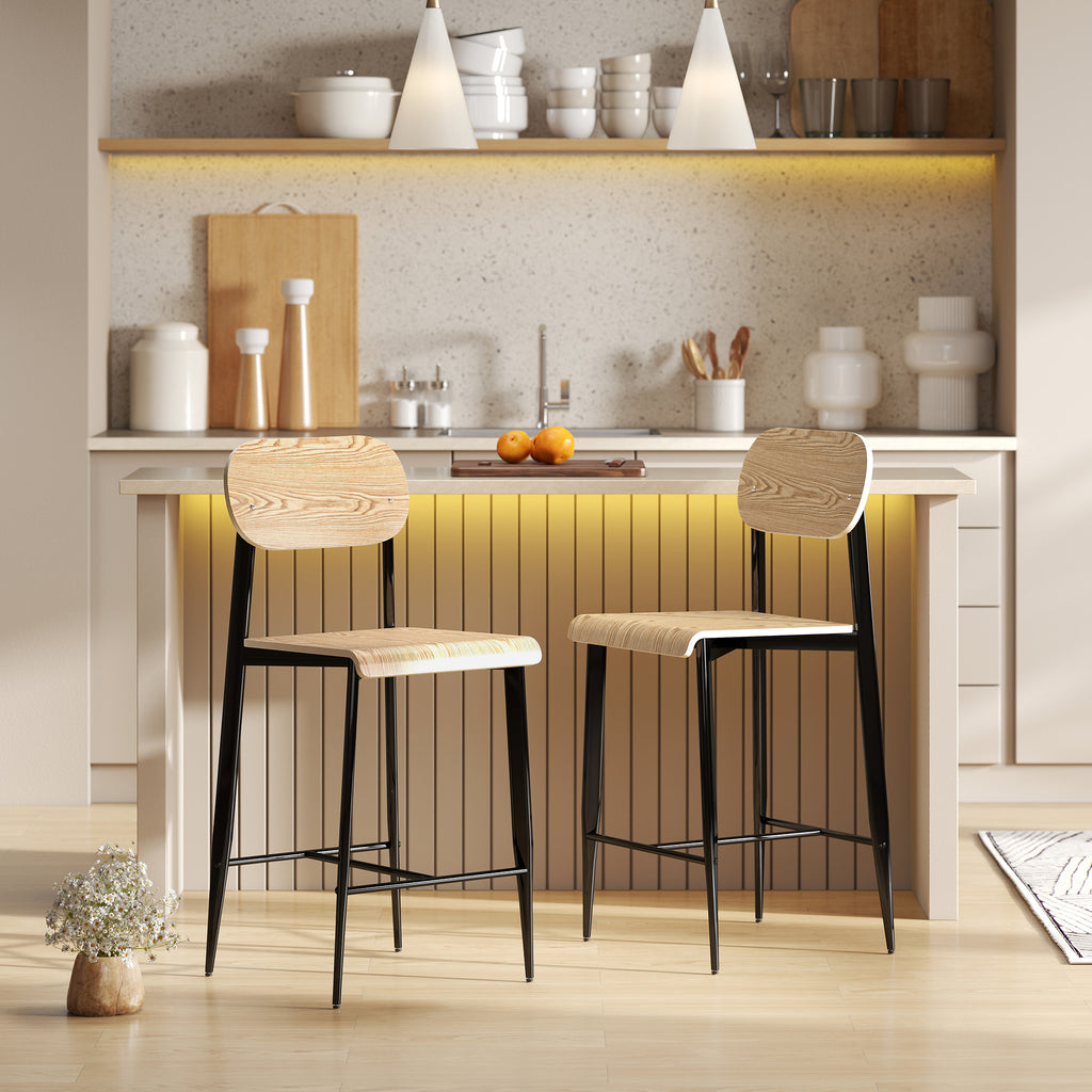 2er-Set Barhocker, Barstühle mit Rückenlehne und Metallgestell, Holz, Hellbraun
