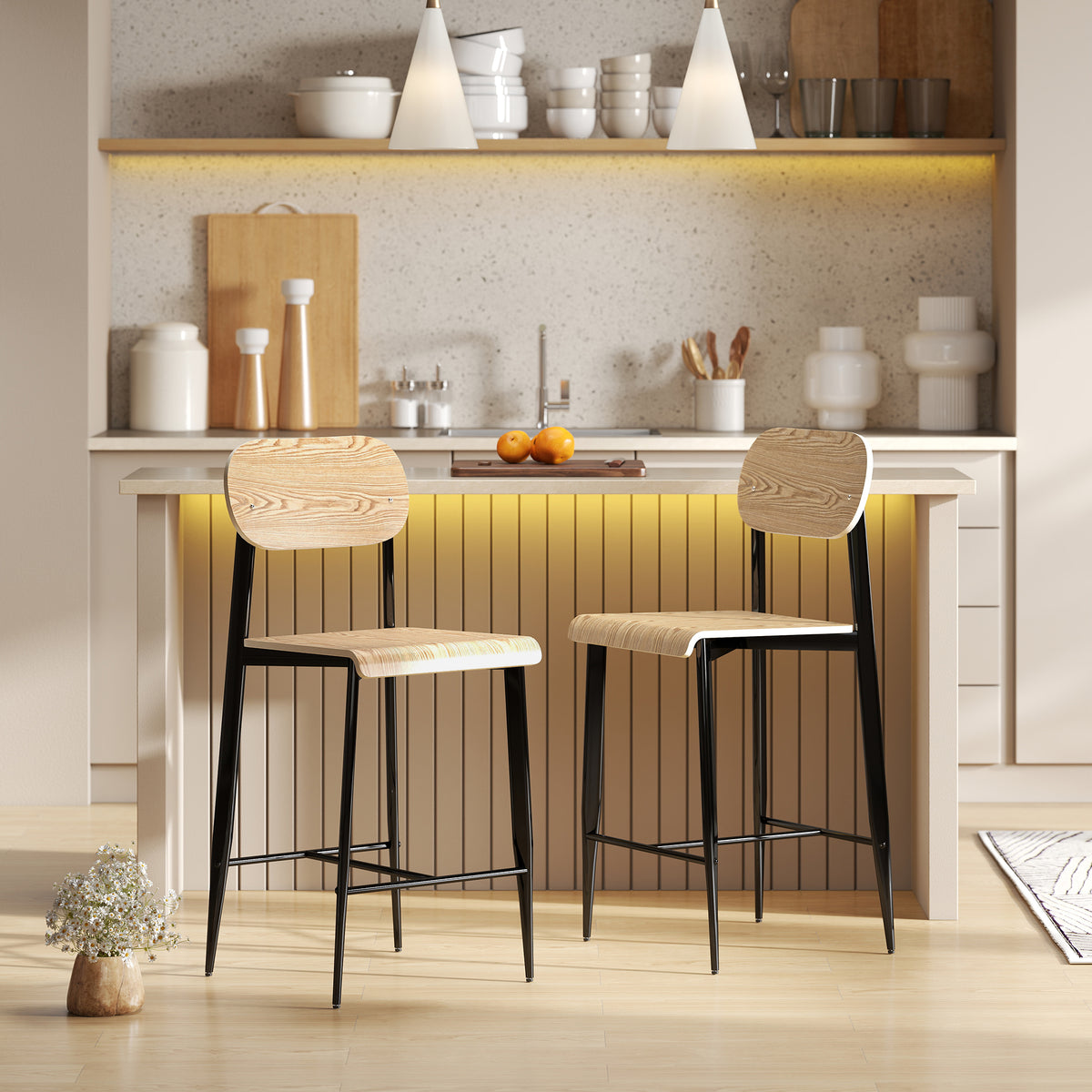 2er-Set Barhocker, Barstühle mit Rückenlehne und Metallgestell, Holz, Hellbraun