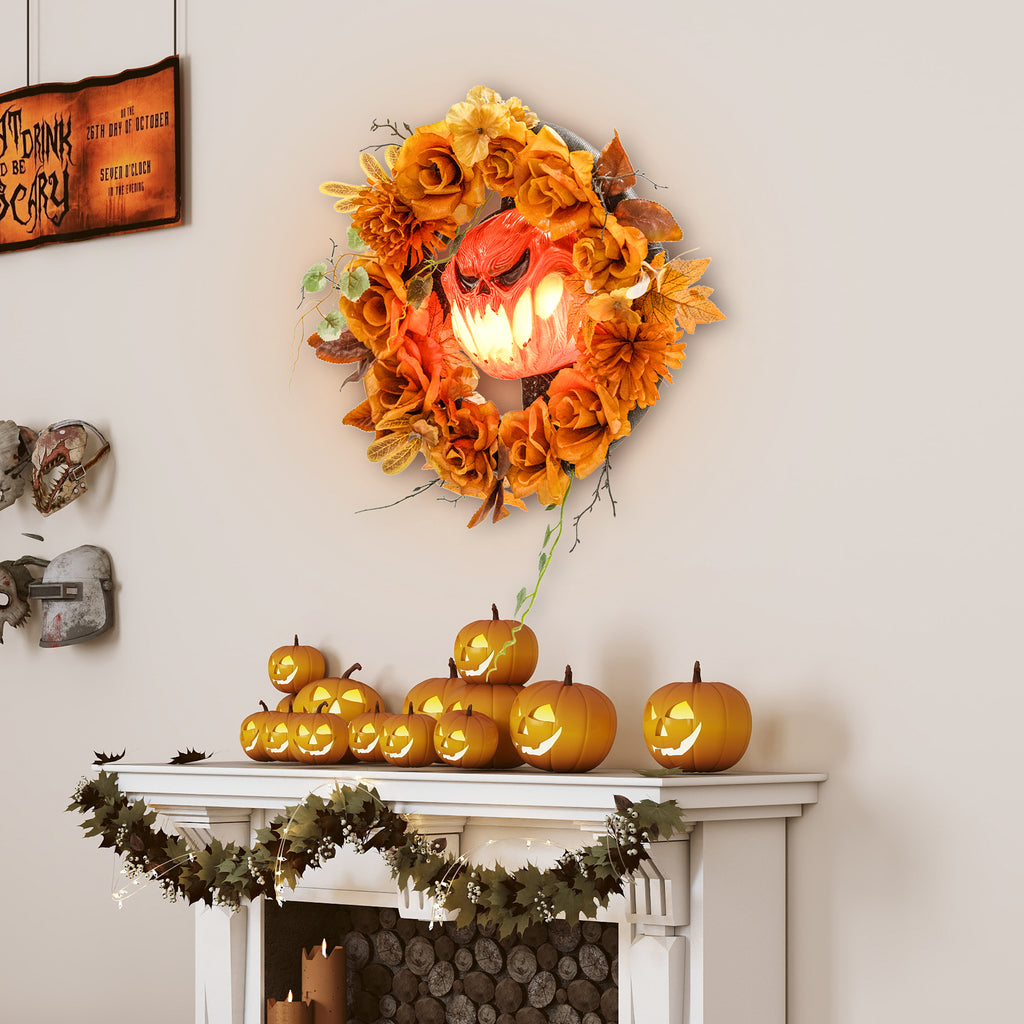 Halloween-Kranz, Grusel-Kürbis-Design, Herbstblätter, Lichteffekte, Kunststoff