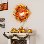 Halloween-Kranz, Grusel-Kürbis-Design, Herbstblätter, Lichteffekte, Kunststoff