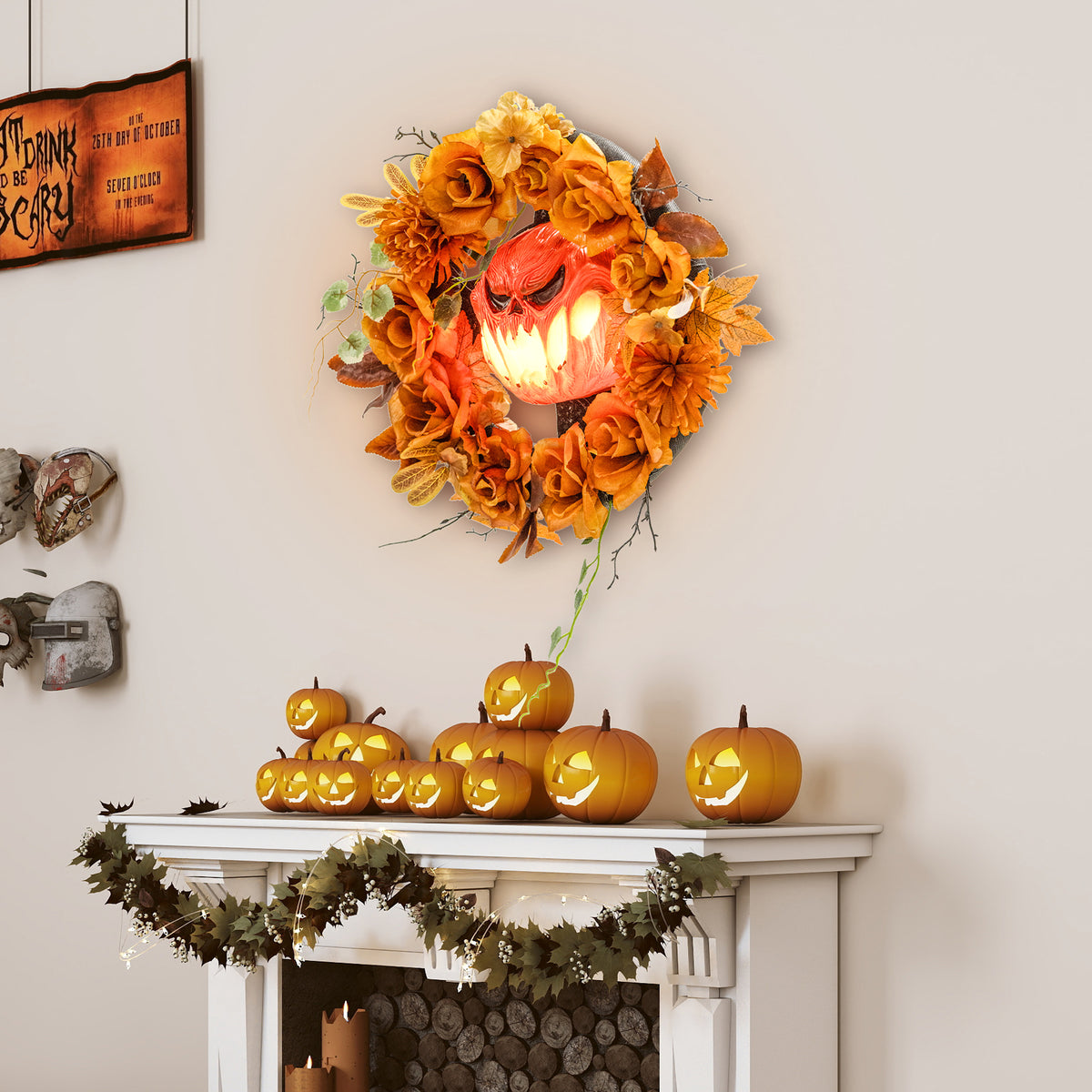 Halloween-Kranz, Grusel-Kürbis-Design, Herbstblätter, Lichteffekte, Kunststoff