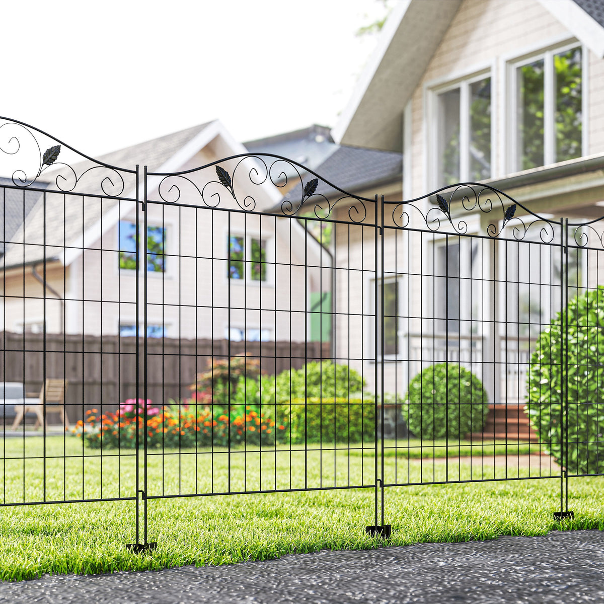 Decorative Garden Fence, 4 Panels 365cm(L) x 112cm(H) Metal Wire Garden Fencing Panels Landscape Border Edging