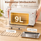 Minibackofen, 9 L Mini-Ofen mit Backblech, Grillrost, mit einstellbarer Temperatur und Garzeit, Edelstahl, Cremewei?