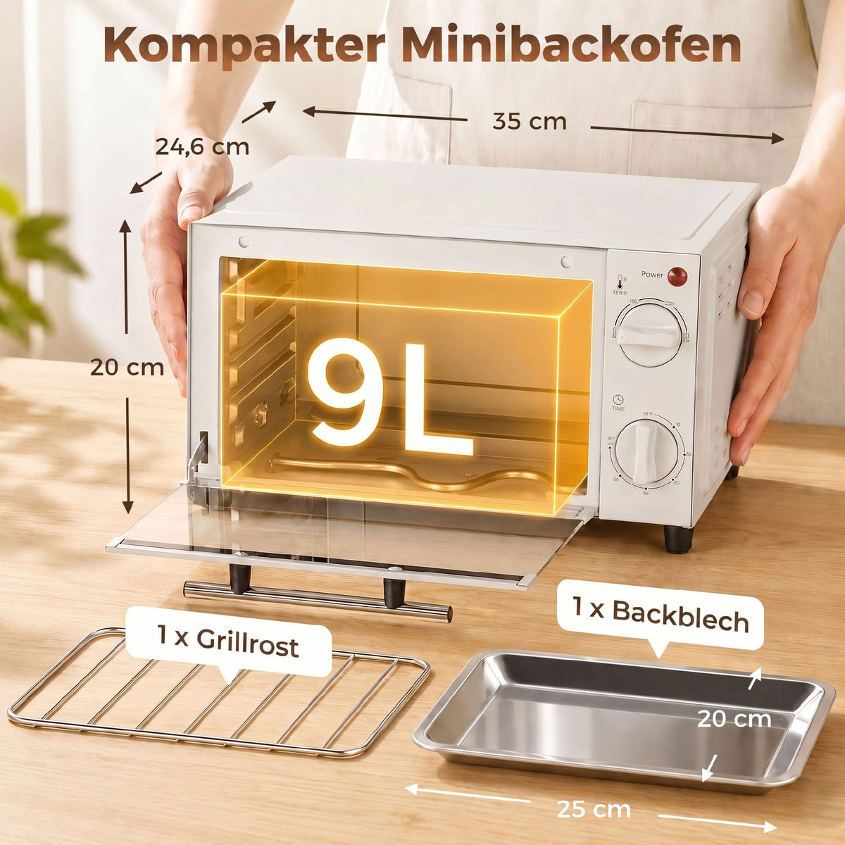 Minibackofen, 9 L Mini-Ofen mit Backblech, Grillrost, mit einstellbarer Temperatur und Garzeit, Edelstahl, Cremewei?
