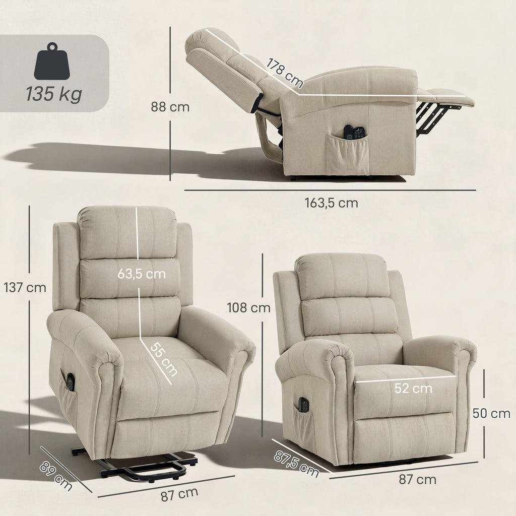 Massagesessel mit Aufstehhilfe, Relaxsessel, Vibrationsköpfe, mit Neigefunktion, Leinenoptik, Beige