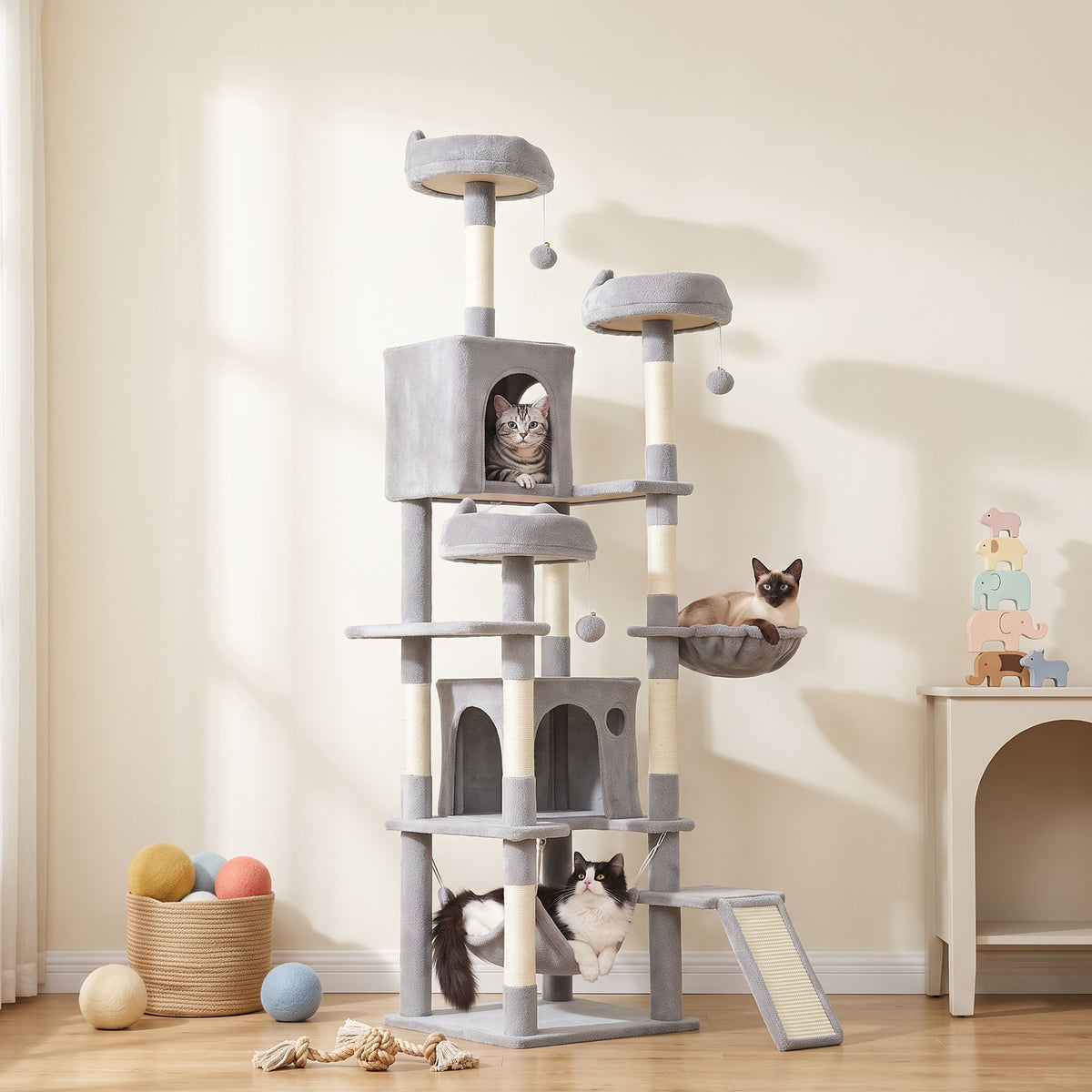 Cat Tree, 192 cm Large Multi-Level Cat Tower for Indoor Kittens with 8 Scratching Posts, 3 Plush Beds, 2 Hammocks