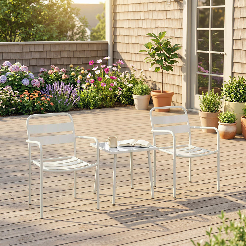 Bistroset 3 teiliges Metall Gartenmöbel-Set mit 2 Gartenstühlen, Glastisch, Lamellen-Design, Rostbeständig