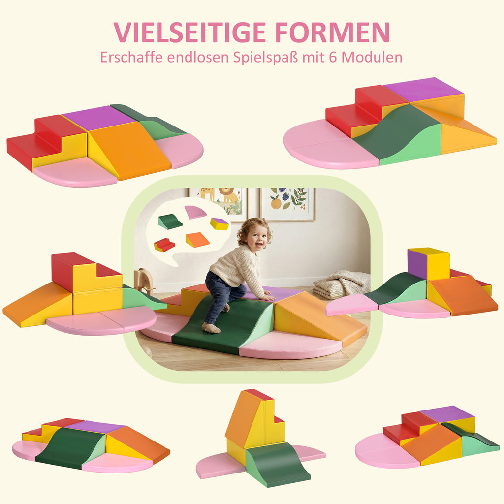 Schaumstoff Bausteine 6-tlg. Softbausteine Modulare Kinder Bausteinset mit Kunstleder-Optik Klettverschlüsse Großbausteine Schaumstoff-Kletterblöcke Bauklötze für Kinder 1-3 Jahre Bunt
