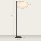 Stehleuchte, Stehlampe, E27 Sockel, Schwarz, weißer Stoffschirm, Fußschalter, Eisen, 47 x 37 x 153 cm
