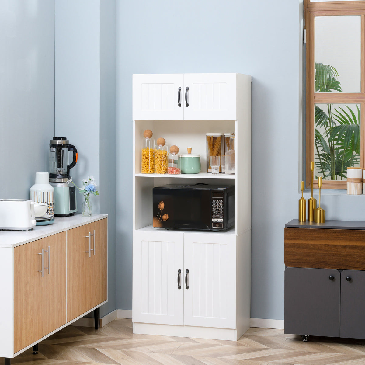 Küchenschrank Küchenbüffet Schrank, Landhausstil, 2 Schränke, 2 Regale, 70 cm x 40 cm x 170 cm Weiß + Schwarz