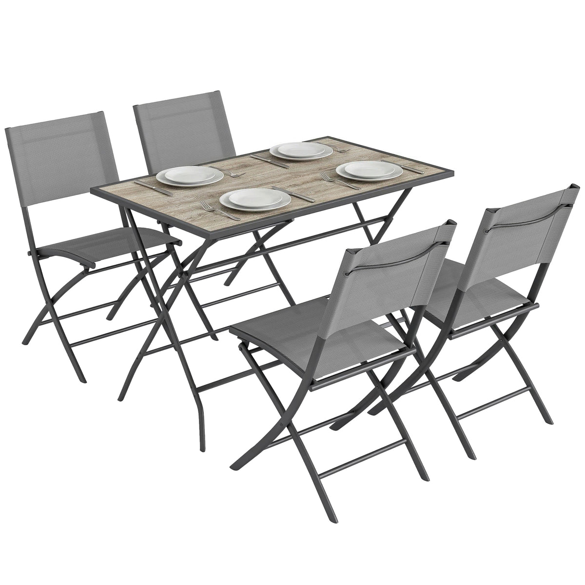Gartenmöbel Set Klappbar Sitzgruppe 5-teilig Tisch mit 4 Atmungsaktiven Stühlen Holzoptik Platzsparend