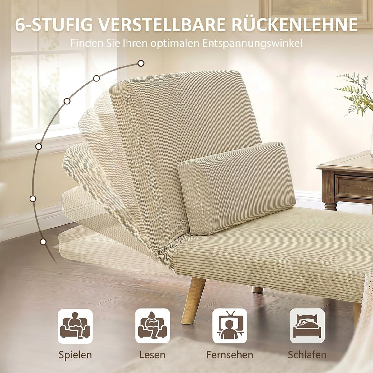 Schlafsessel 3 in 1 Schlafsofa mit Bettfunktion, 90x190cm Beige