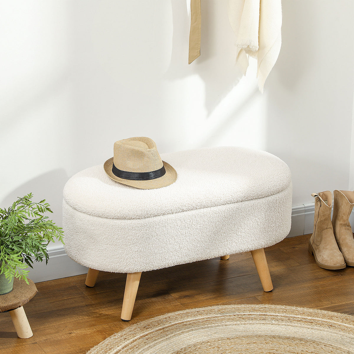 Sitzbank mit Stauraum und Deckel, Fu?hocker f¨¹r Flur, Wohnzimmer, Schlafzimmer, Holz, Stoffbezug, Wei?
