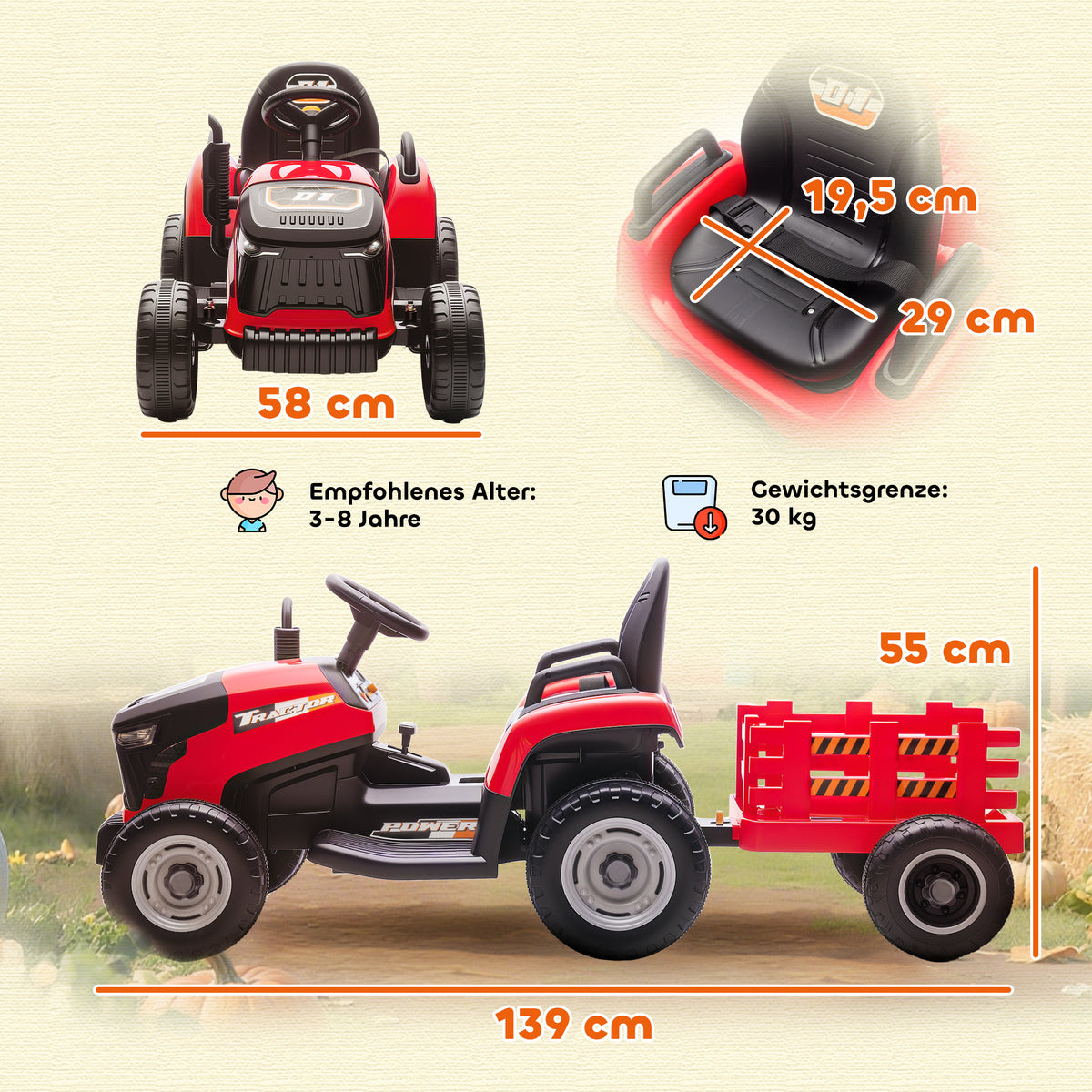 Elektrischer Kindertraktor, Aufsitz-Traktor mit Fernbedienung, Soft-Start, für Kinder im Alter von 3-8 Jahren, Rot