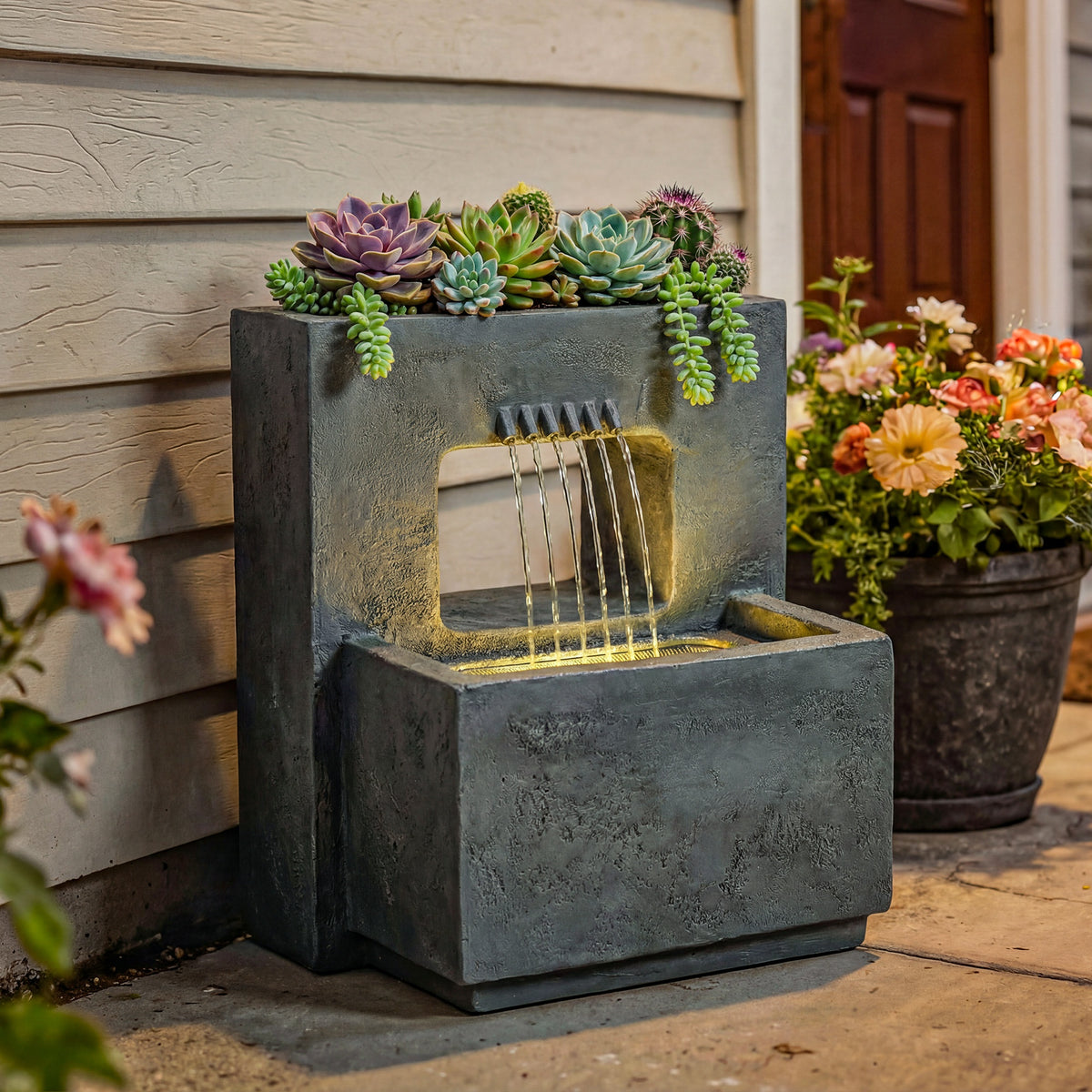Springbrunnen 2-stufig Gartenbrunnen mit LED Beleuchtung Pflanzkübel Pumpe Steinoptik, Verstellbar 45 x 31,5 x 58,5 cm