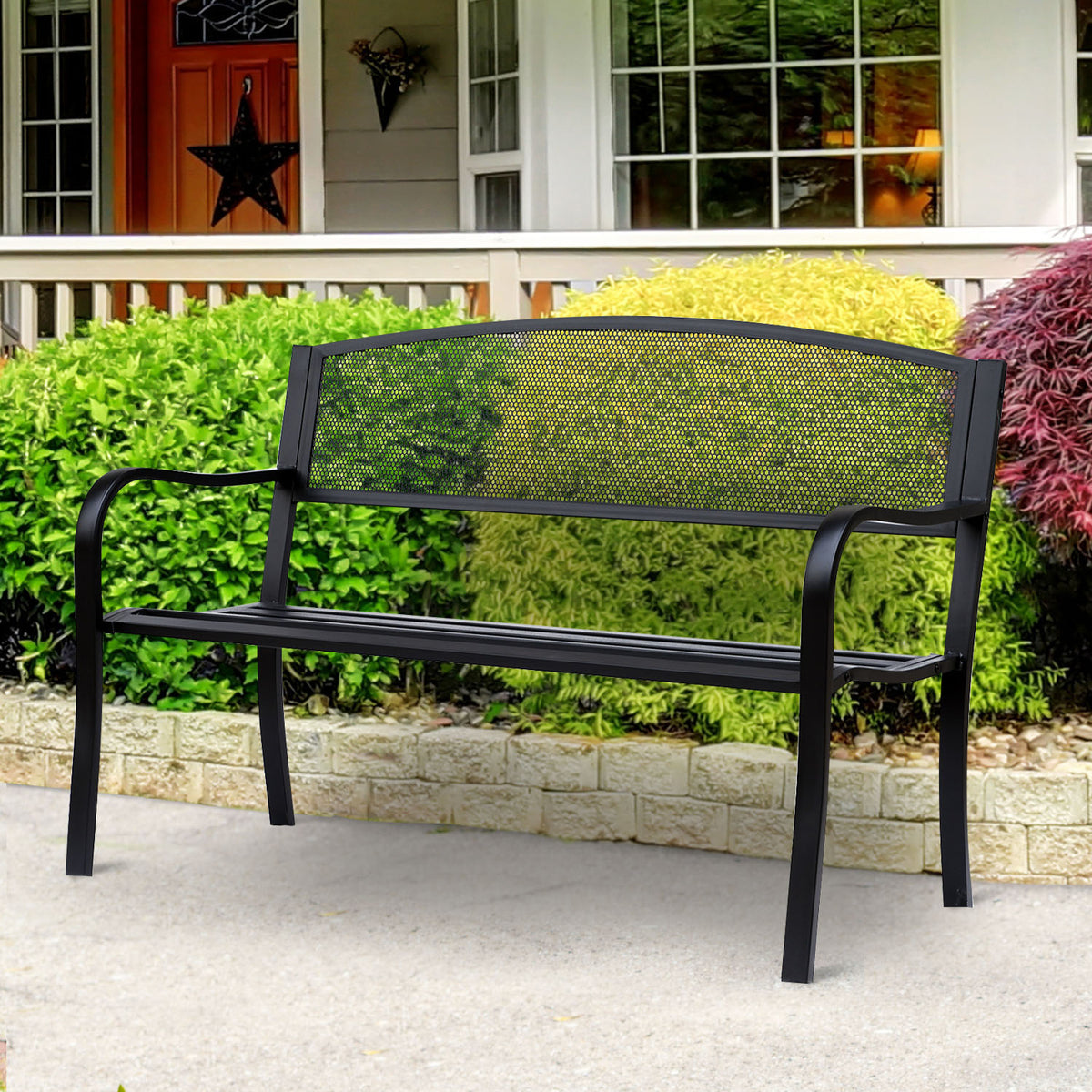  Garden Bench Furniture Patio Park 2 Person Chair Seat Steel Black 120cm Outdoor