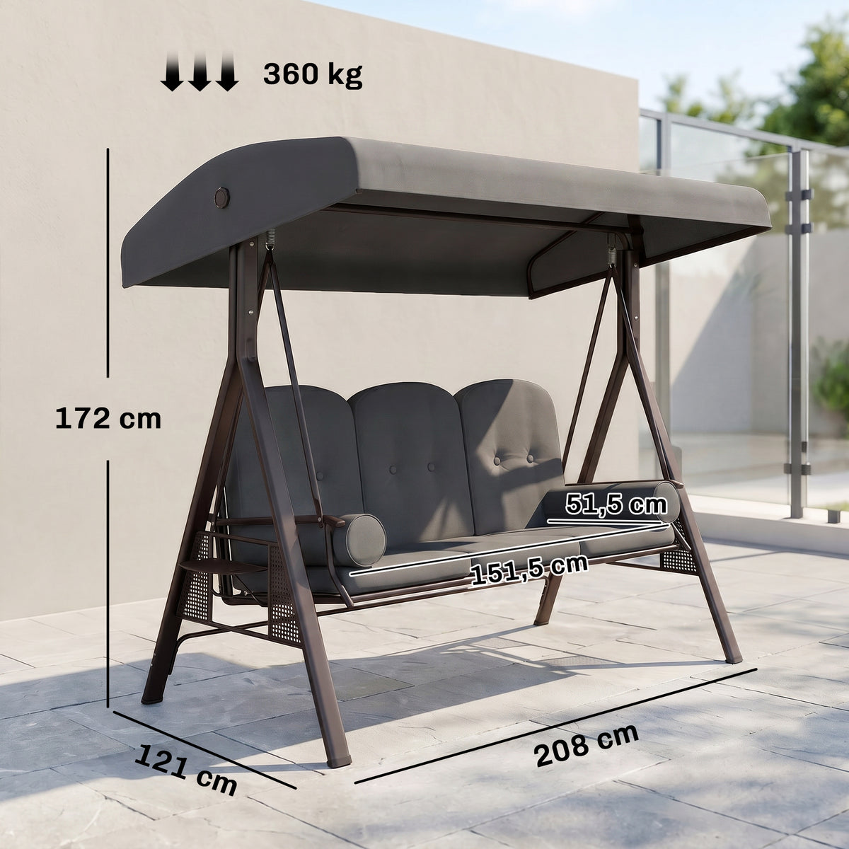 Hollywoodschaukel 3-Sitzer Gartenschaukel mit Sonnendach Tablett Sitzauflage bis 360kg Dunkelgrau