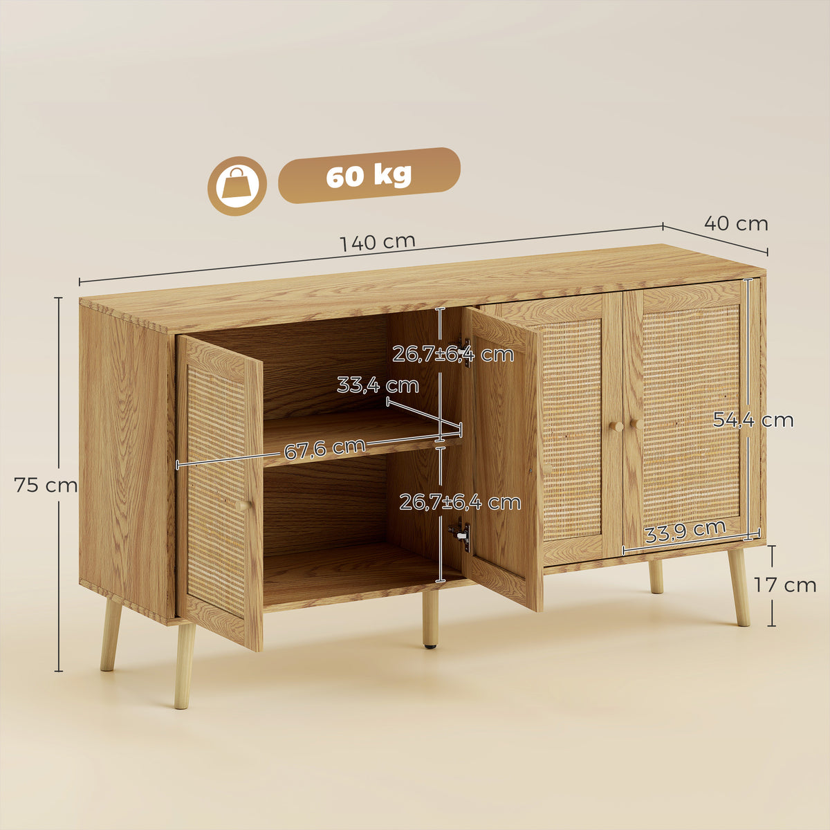 Sideboard Küchenschrank mit 4 Soft-Close-Türen 140x40x75 cm Natur