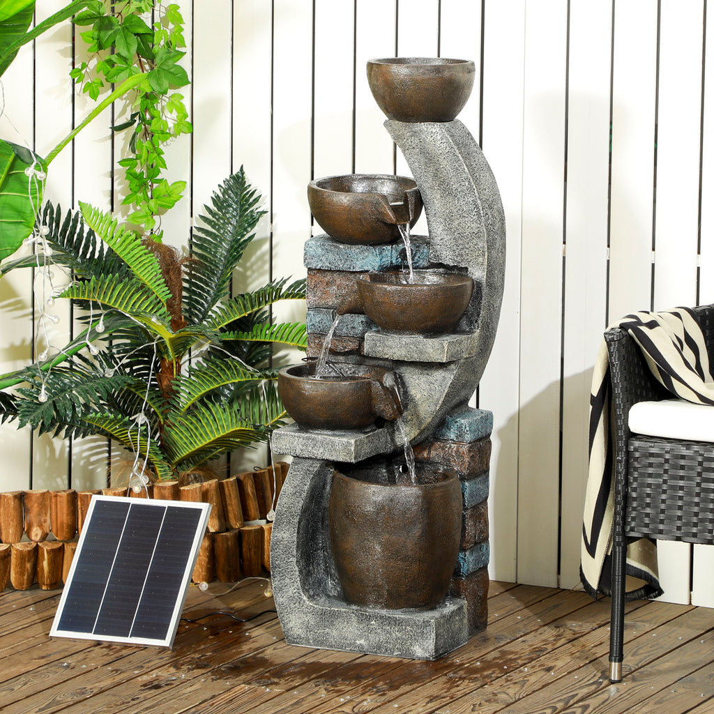 Gartenbrunnen, Backsteinoptik, 5-stufig, Solarbetrieb, LEDs, 107cm, Kunstharz, Grau/Braun