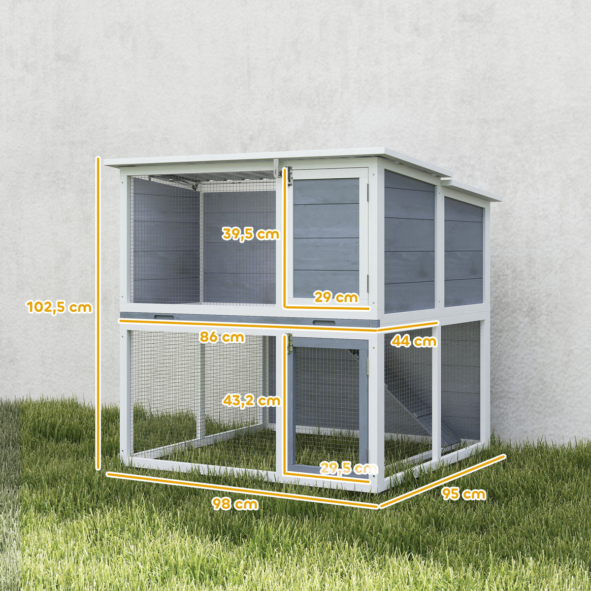 Hasenstall 2 Etagen Kaninchenstall aus Holz mit wetterfest aufklappbar Dach, Freilaufgehege, Rampe, 98x95x102,5 cm Grau