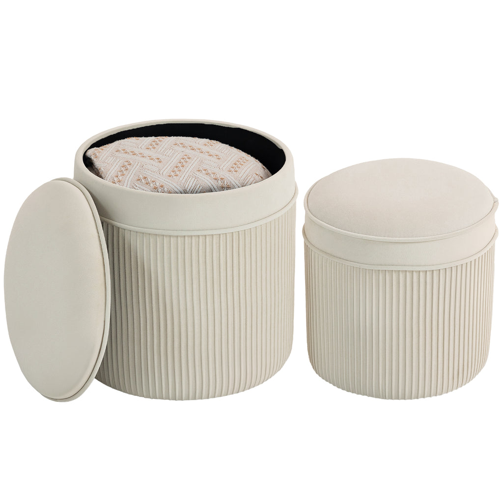 2er Set Sitzhocker mit Stauraum Hocker mit Deckel, Runder Fu?hocker mit Samtoptik 36 x 36 x 41,5 cm Cremewei?