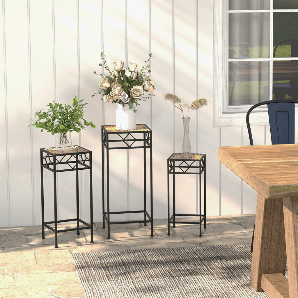 Blumenst?nder, 3er-Set, rund, stapelbar, Rattanoptik, Metallbeine, In- und Outdoor, Schwarz/Gold