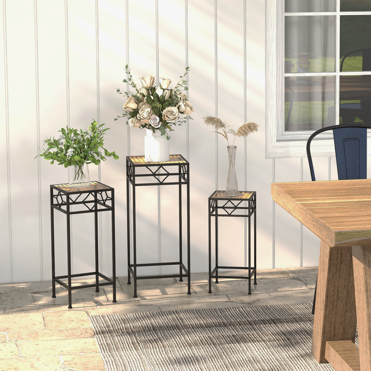 Blumenst?nder, 3er-Set, rund, stapelbar, Rattanoptik, Metallbeine, In- und Outdoor, Schwarz/Gold