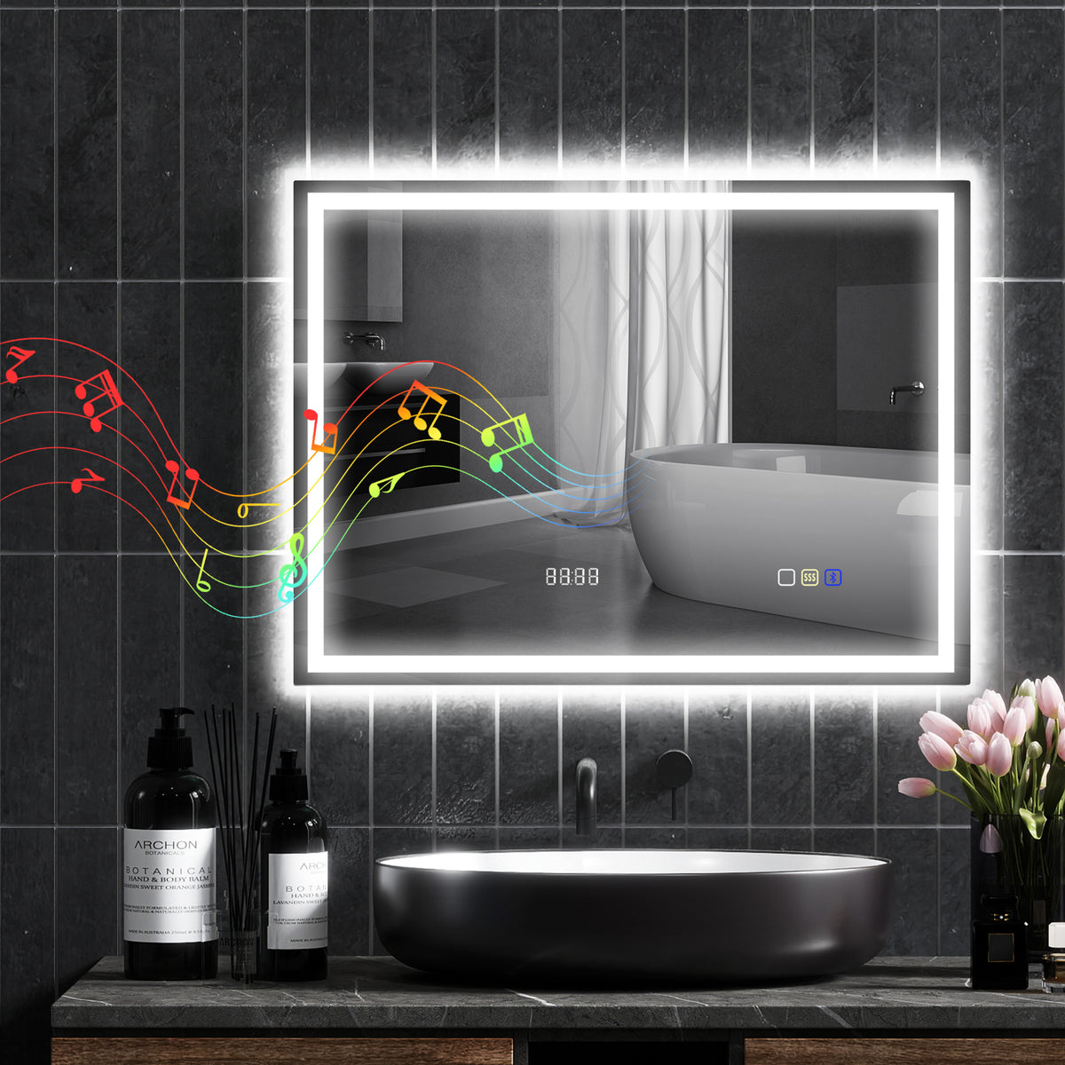 Badezimmerspiegel mit LED-Beleuchtung, Anti-Beschlags-Pad, 3 verstellbare Farben, Uhr, 600 x 800 mm, Silberfarben