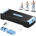 Steppbrett höhenverstellbar Fitness Aerobic Stepper mit 2 Stufen (11/16 cm) 2 Widerstandsbändern, Anti-Rutsch-Matte Blau