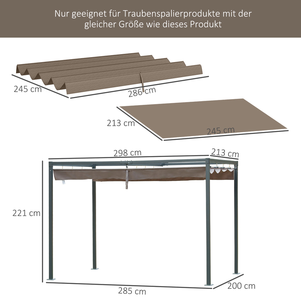 Pergola Cover Roof, 2.86 x 2.45 m Retractable Sun Shade Top for 3 x 2m Pergola Frame, UV30+ Protected, Coffee